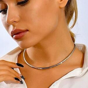 Silver Round Metal Collar Torques Maxi Choker Necklace